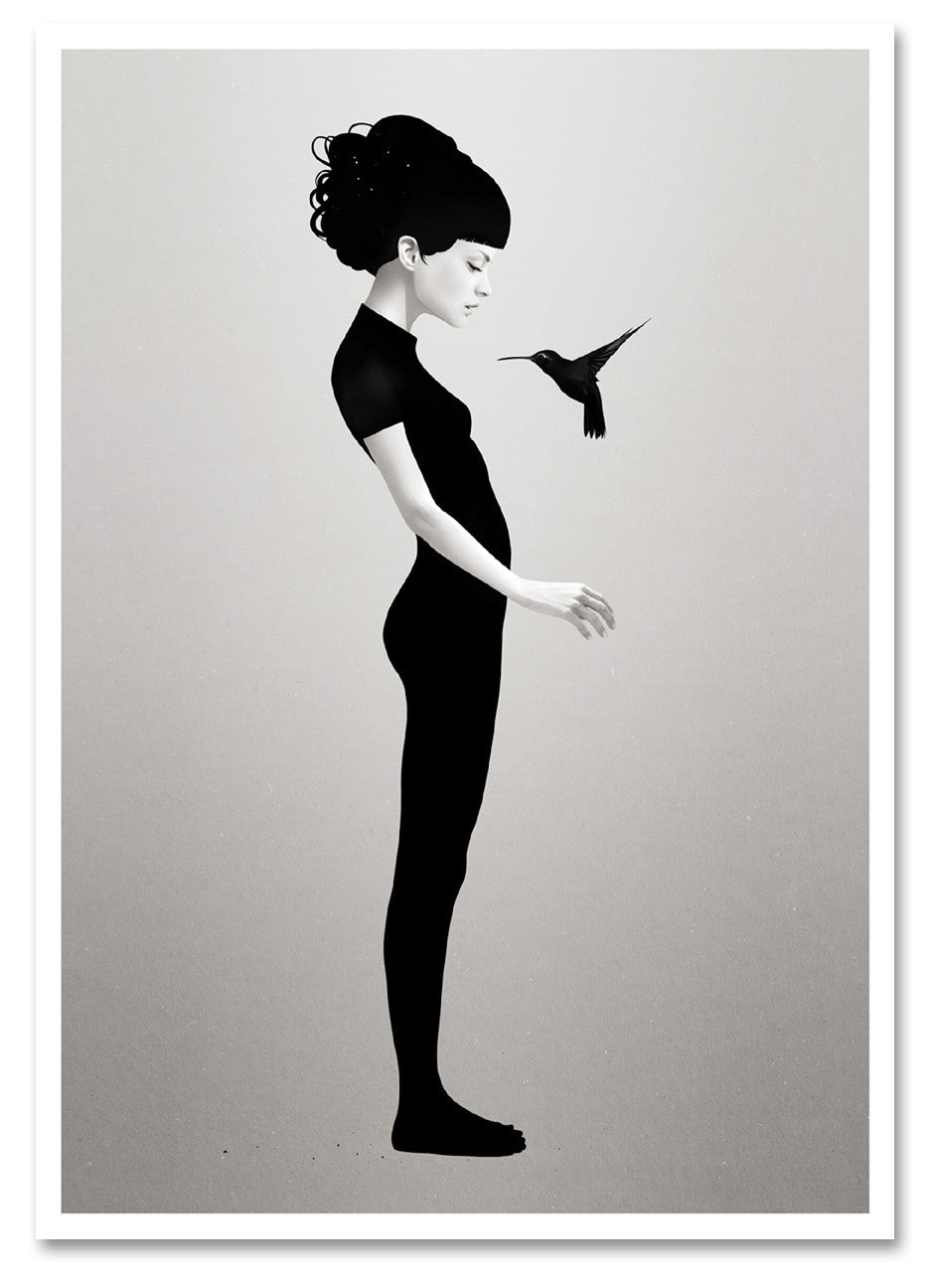 Let You Be" by Ruben Ireland is a minimalist black and white illustration of a woman in profile with a hummingbird, set on a gradient background—available as a fine art giclee print.