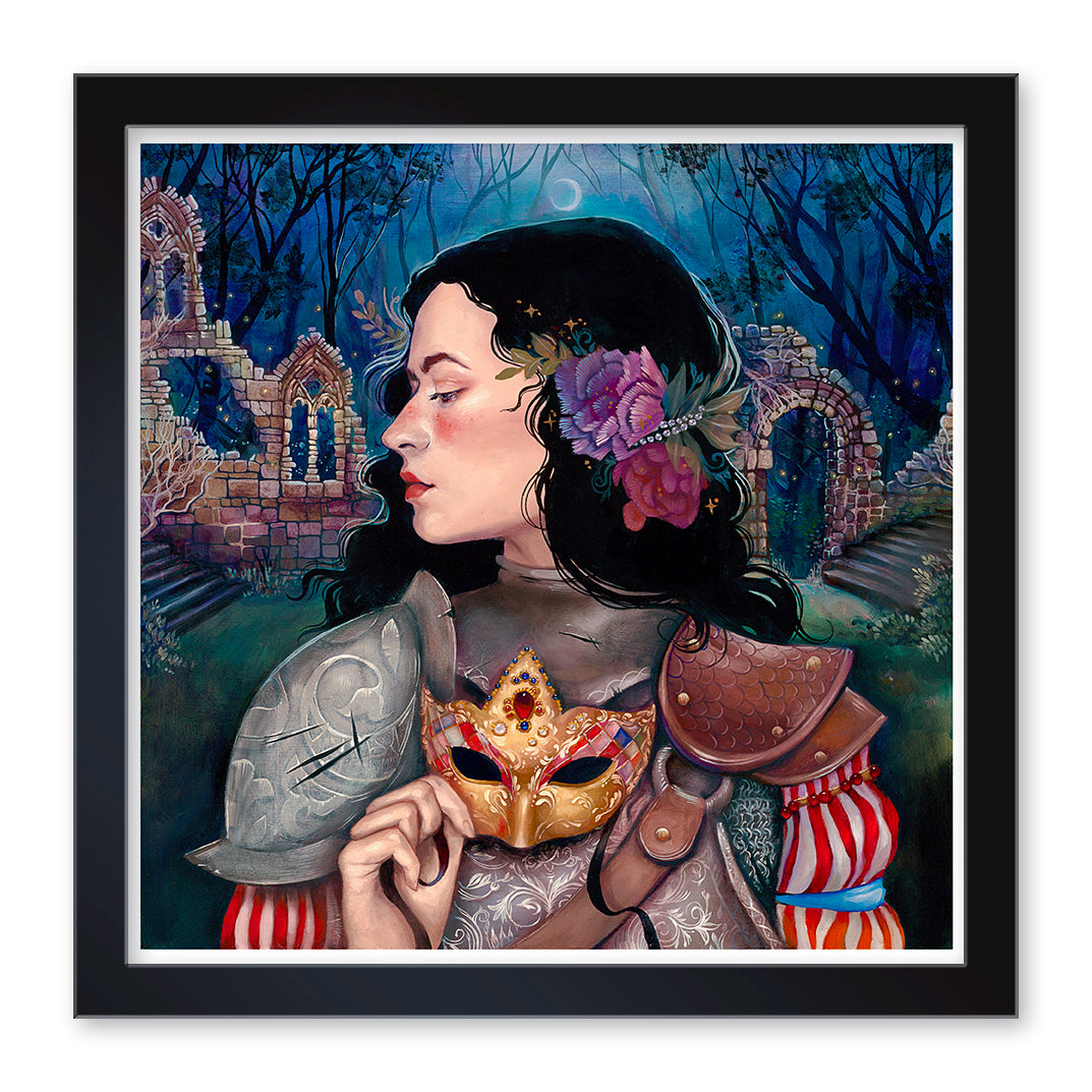 The artwork Magic Always has a Price by Ruth Speer depicts a woman in armor with dark hair, adorned with flowers and a feather, in a forest with ruins. She holds a decorated shield and ornate mask. This scene is an archival pigment print, signed and numbered, framed in black.