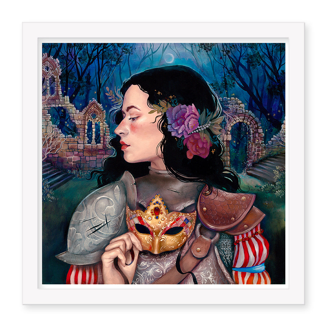 The Magic Always has a Price by Ruth Speer is a hand-embellished, signed, and numbered archival pigment print. It shows a woman in ornate armor with floral headpiece, holding a golden mask and shield in a mystical forest lit by moonlight through ancient stone arches.