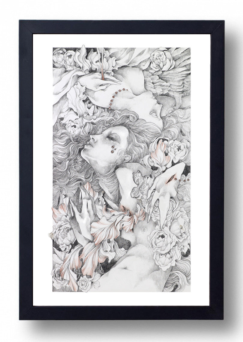 Safe Passage by Craww: A black-and-white illustration of a serene face with flowing hair, roses, and abstract elements, accented with pink. Presented in a black frame, this limited edition giclee print is signed and numbered for authenticity.