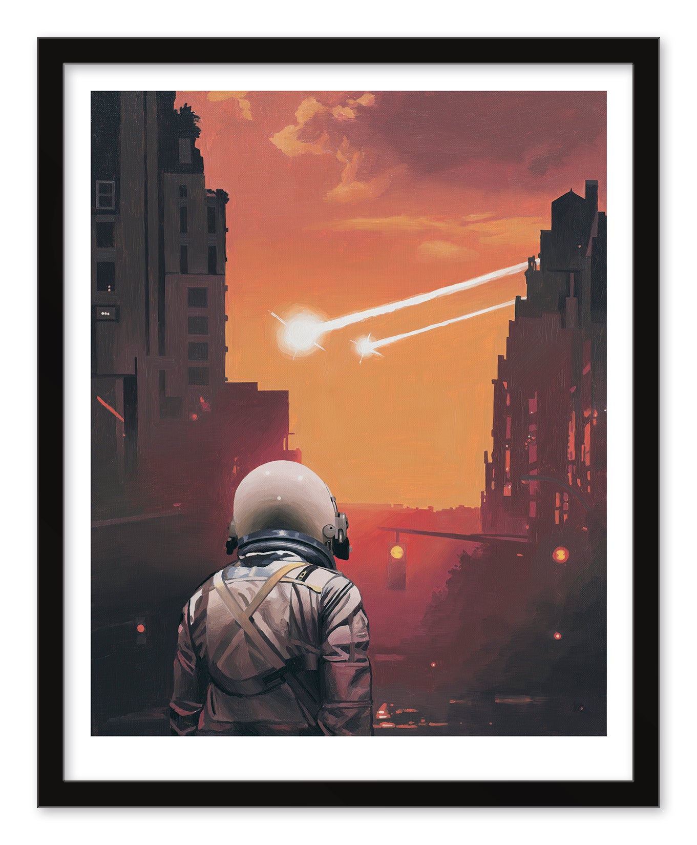 In Two Coming In, a limited edition by Scott Listfield, a person in a space suit stands on an urban street at dusk, with a glowing orange sky and bright streaks above, framed by towering buildings—immortalized as an archival pigment print.