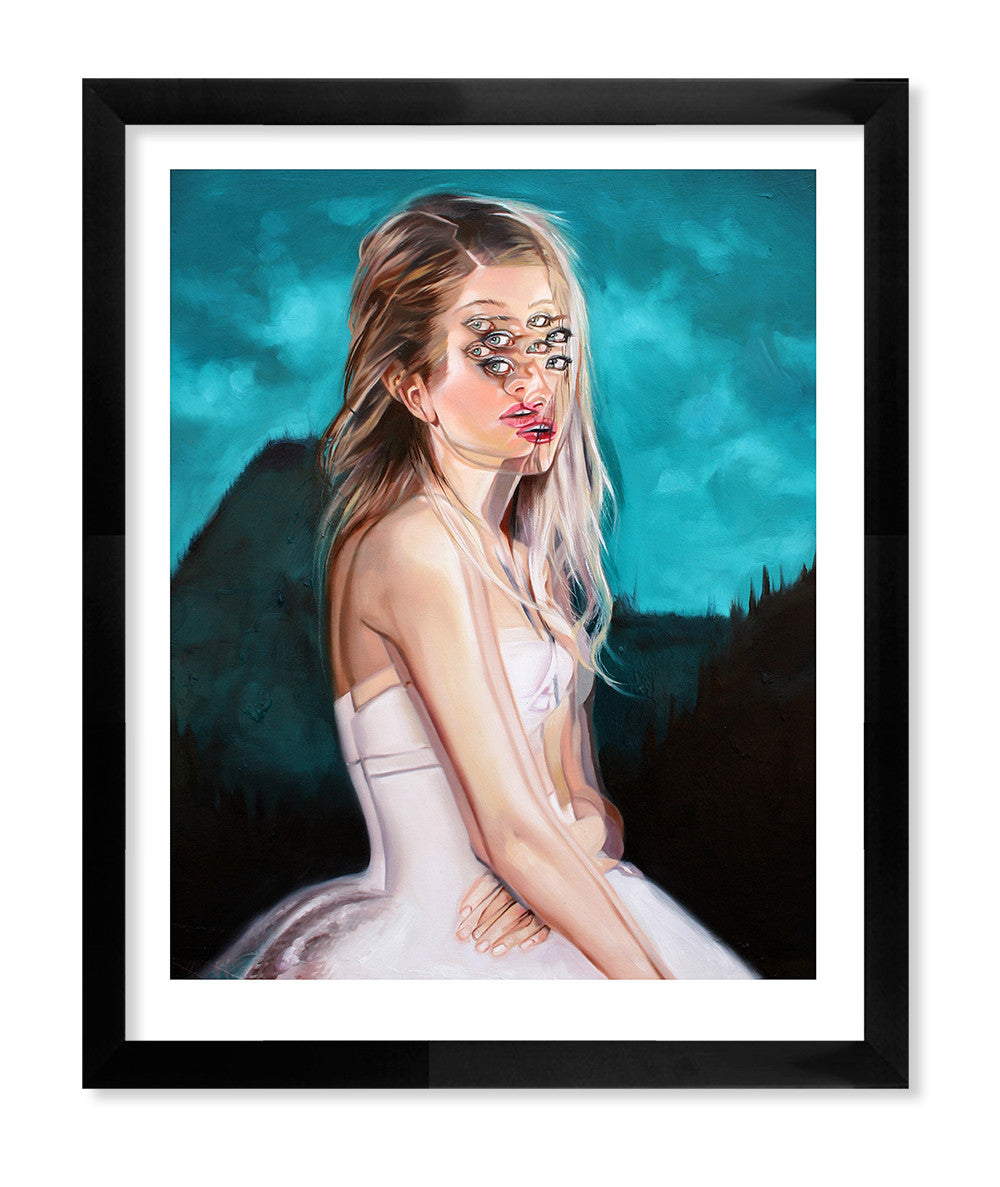 The Summer Dreams Regular Edition by Alex Garant is a fine art giclee print featuring a surreal portrait of a woman in a white dress against a teal background, her face uniquely distorted with multiple eyes and mouths, showcasing Garant’s distinctive dreamlike style.