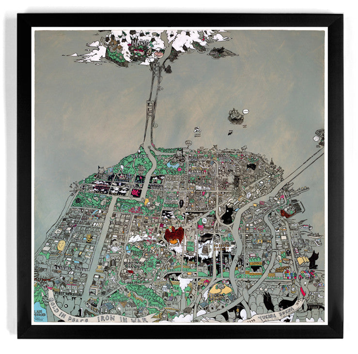 The limited edition giclee print Secret Histories of San Francisco by Deth P Sun features a vibrant illustrated city map with detailed streets, buildings, and whimsical elements. It includes landmarks in greens, browns, and grays, all bordered by a black frame.