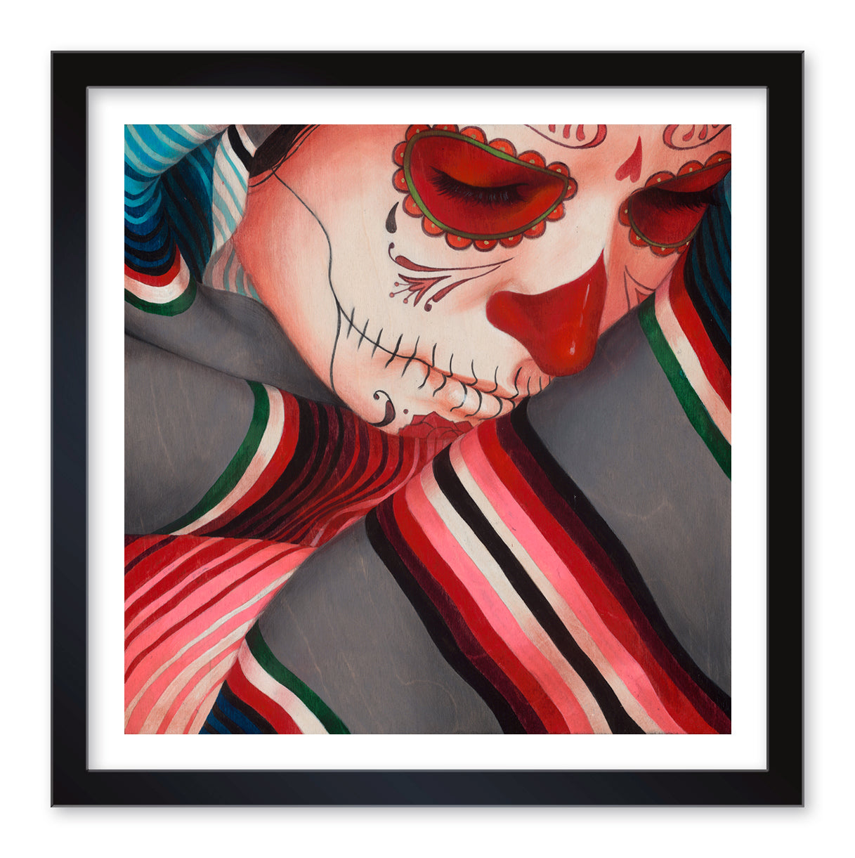The Serape, Grey (Artists Proof) by Sylvia Ji features a serene figure with closed eyes in Day of the Dead sugar skull face paint, wrapped in a vibrant serape with intricate red and white designs.