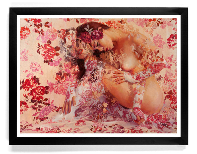 Cornelia by Sergio Lopez is a framed painting of a woman entwined with floral patterns, blending seamlessly with pink and red flowers. This limited edition giclee print beautifully fuses human and nature.