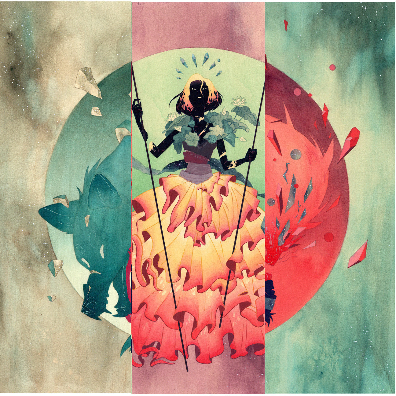 Matching Set by Julian Callos is a surreal fine art giclee print showcasing a silhouetted figure in a colorful layered dress, holding staffs and adorned with flowers, flanked by a wolf and red moon with cosmic details.