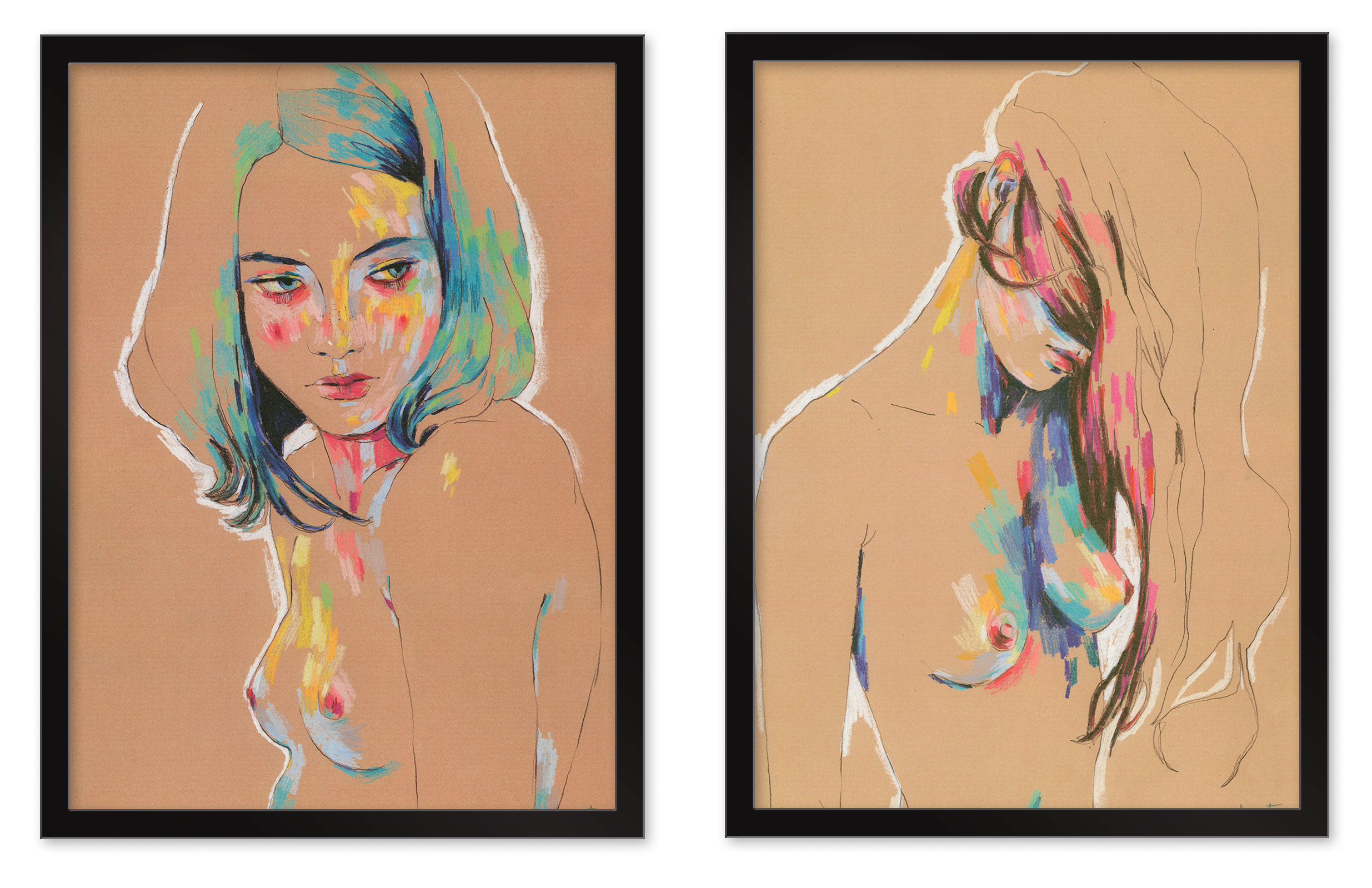 The Muse 829 & Muse 831 set by Conrad Roset features two signed and numbered archival pigment prints of women on beige backgrounds. The left portrays a short-haired woman with vibrant brushstrokes, while the right shows one gazing downward, highlighting Rosets unique style.