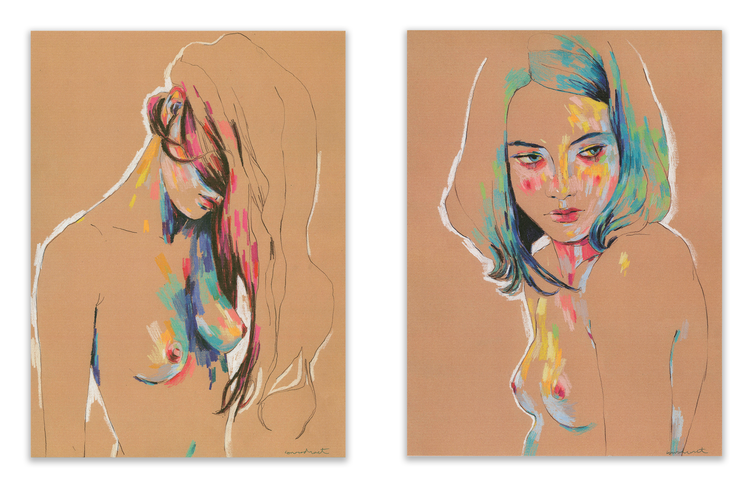 The Muse 829 & Muse 831 set by Conrad Roset features two abstract portraits of women against a neutral background. The left depicts a woman with long hair over her eyes, and the right one with shoulder-length hair. Both are vibrant archival pigment prints, signed and numbered by the artist.