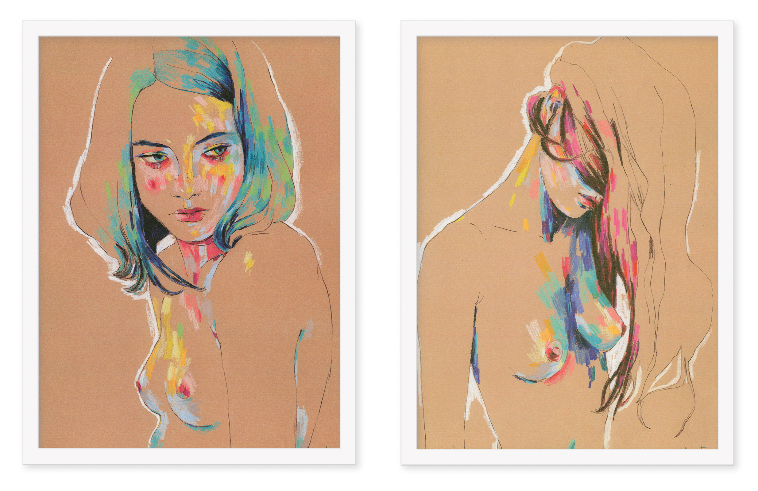 The Conrad Roset Muse 829 & Muse 831 set features two adjacent signed and numbered archival pigment prints, depicting abstract women with colorful brushstrokes: one with shoulder-length hair looking left, the other with long hair obscuring her face.