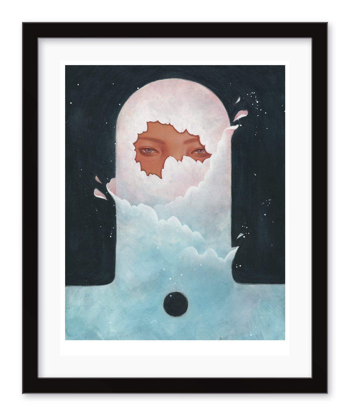 In Daydream by Shoko Ishida is a surreal artwork, signed and numbered, showcasing a cloud encircling an archway. Human eyes peer through a torn section amid soft blue, black, and pink hues in an archival pigment print.