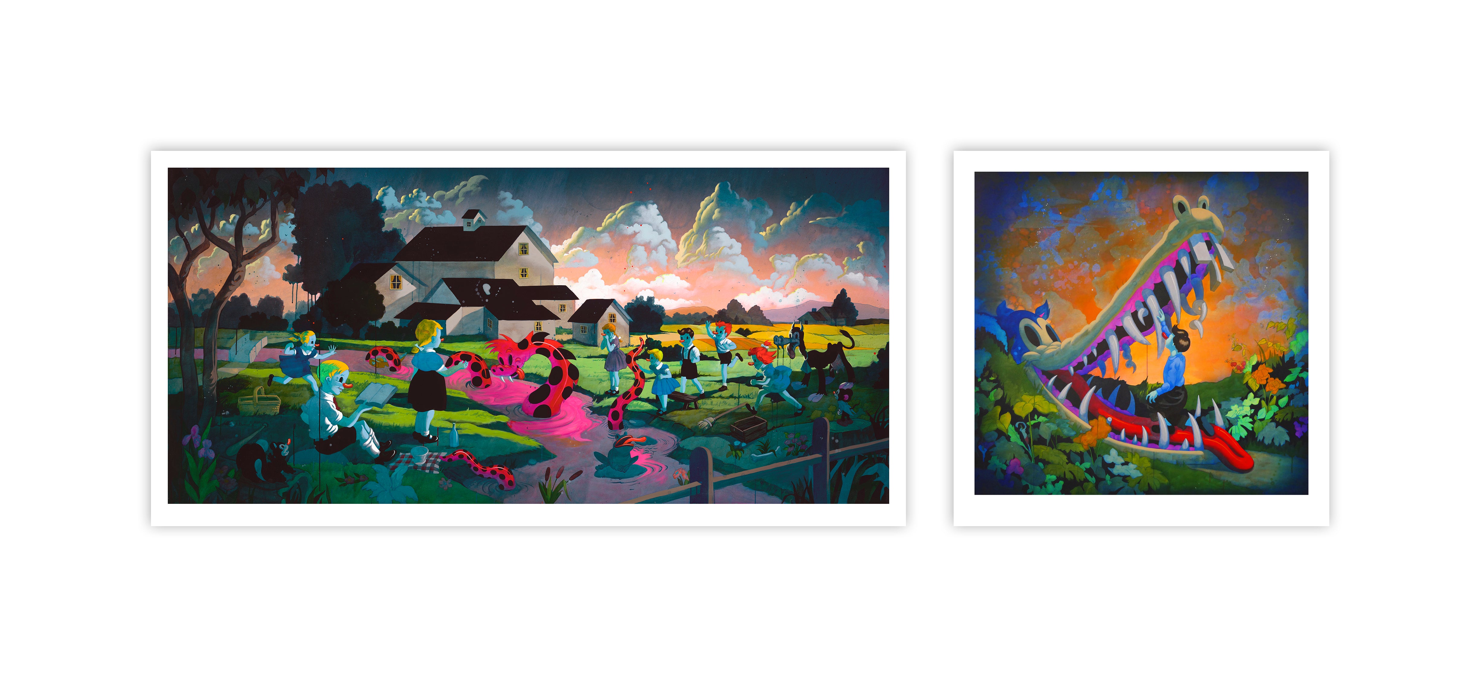 The limited edition artwork How Does It Make You Feel by Victor Castillo features a lively barnyard scene with dancing figures and animals under a vivid sky on the left, and a fantastical fish-shaped object with musical notes against a bold backdrop on the right.