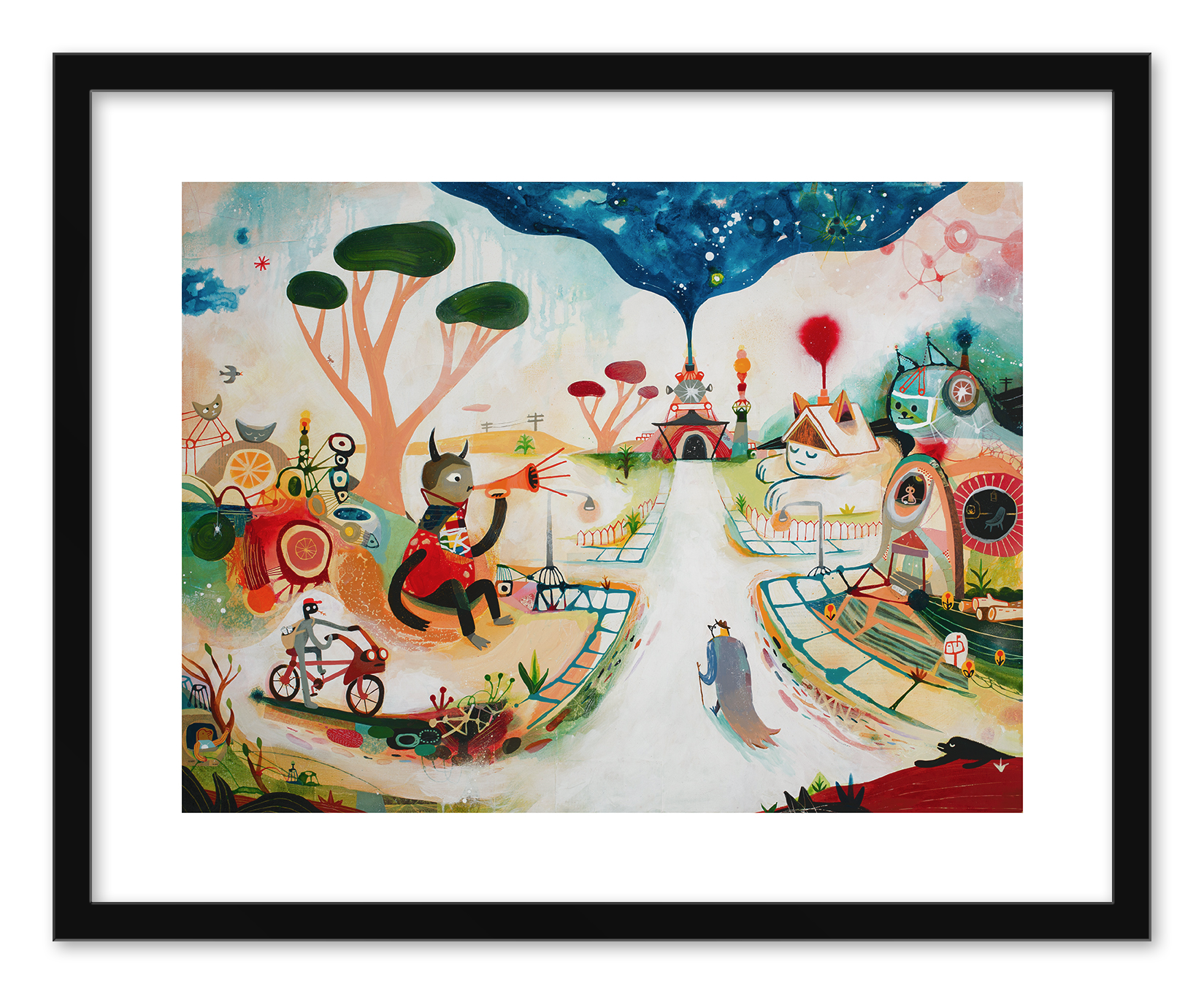 Earlybirds by Souther Salazar is a signed, numbered archival pigment print featuring a whimsical scene: a fox in a suit plays trumpet surrounded by trees, a bicycle, and a cat with a house under winding paths and starry sky—all in vibrant colors and framed in black.