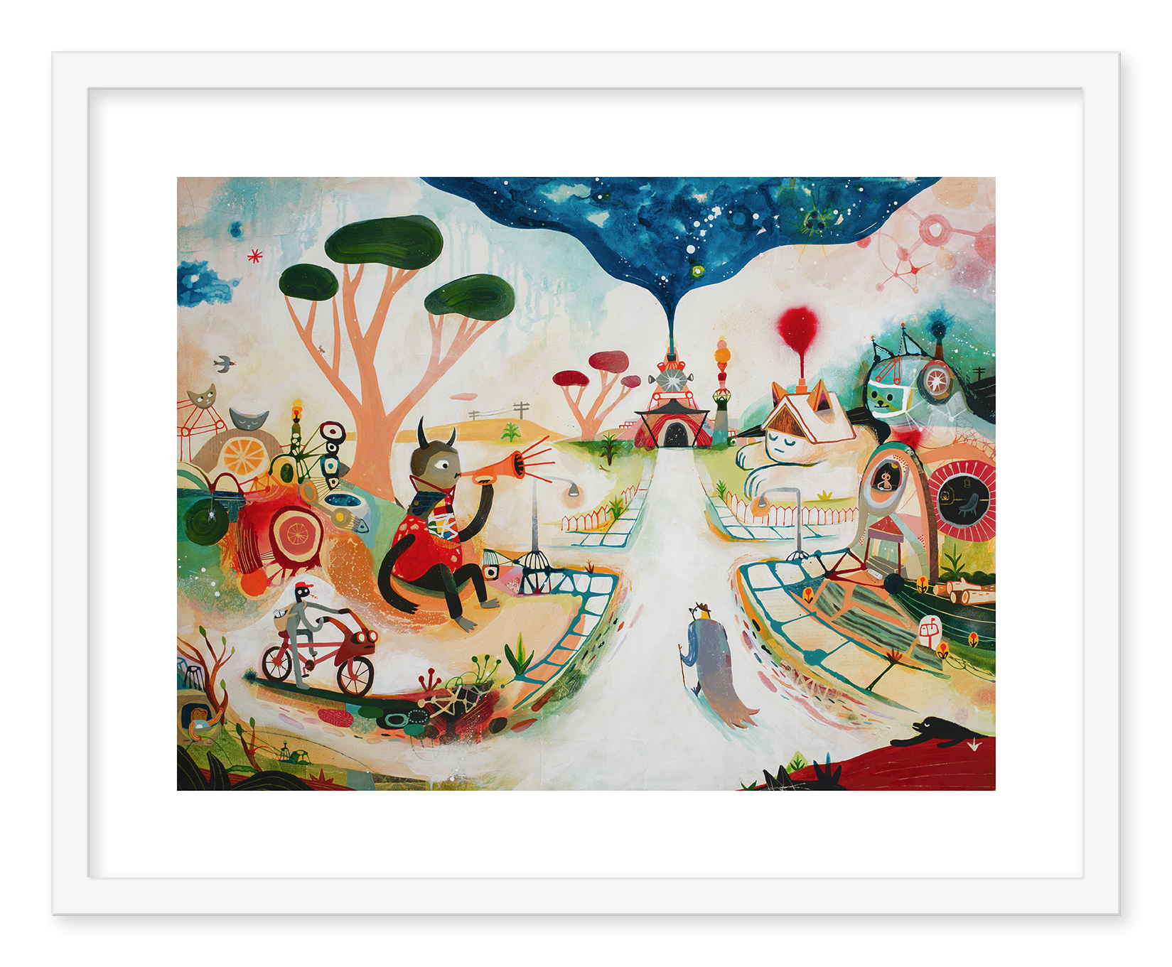 Earlybirds, a whimsical archival pigment print by Souther Salazar, showcases a fantastical landscape with a wolf-like figure pointing a trumpet, colorful trees, and mythical creatures under a starry sky. A cat carrying a house completes this lively scene. Each piece is signed and numbered.