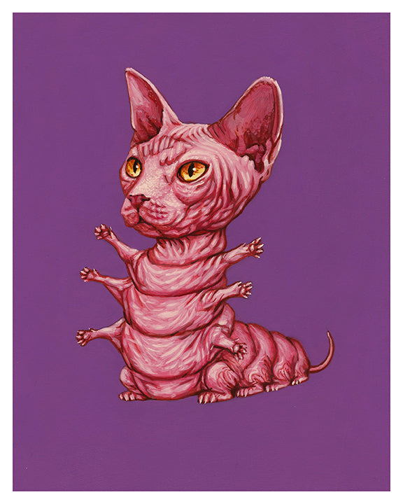 Sphinx is a surreal illustration by Casey Weldon depicting a hairless cat with six vertically stacked arms, large yellow eyes, and ears against a solid purple background, crafted with expertise in archival pigment print techniques.