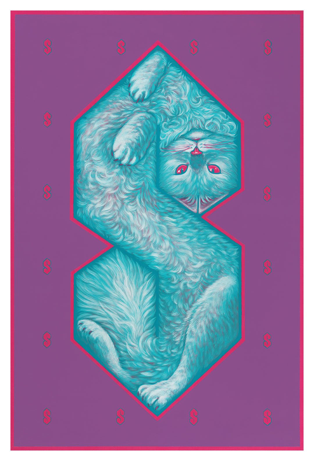 A vibrant illustrated print, Stussypuss by Casey Weldon, showcases a fluffy blue cat with pink eyes lying upside down in an abstract S shape. The purple backdrop is adorned with red S symbols and presented as an archival pigment print.