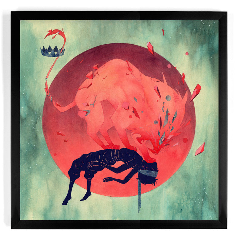 This limited edition Sun fine art giclee by Julian Callos depicts a surreal fiery, wolf-like creature encircling a dark figure beneath a mystical crown, with a red sphere against a green background creating visual harmony.