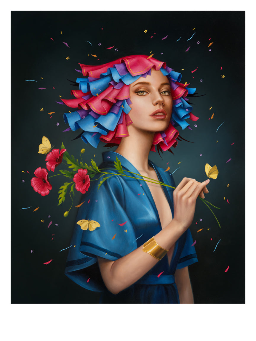 A woman with layered, colorful hair like ribbons holds a yellow butterfly and red flowers. She wears a blue dress and gold bracelet against a dark background with petals and butterflies, captured in Poppy, an exquisite archival pigment print by Allison Reimold.