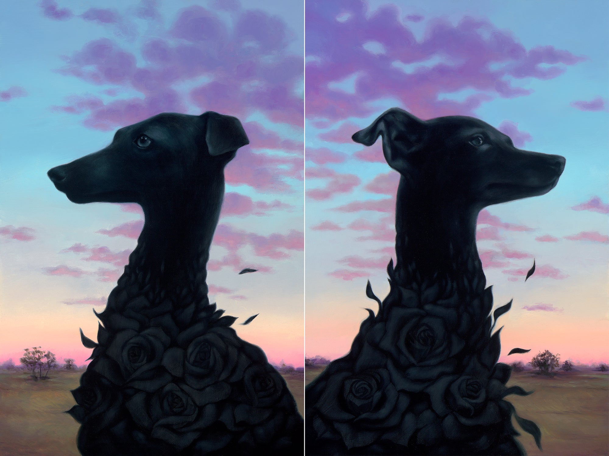 The Bitter Blooms set by Syd Bee features surreal art with a black dog whose neck merges into black roses, against pink and blue cloud skies. Available as a signed, numbered limited edition archival pigment print on two panels capturing the scene from different angles.
