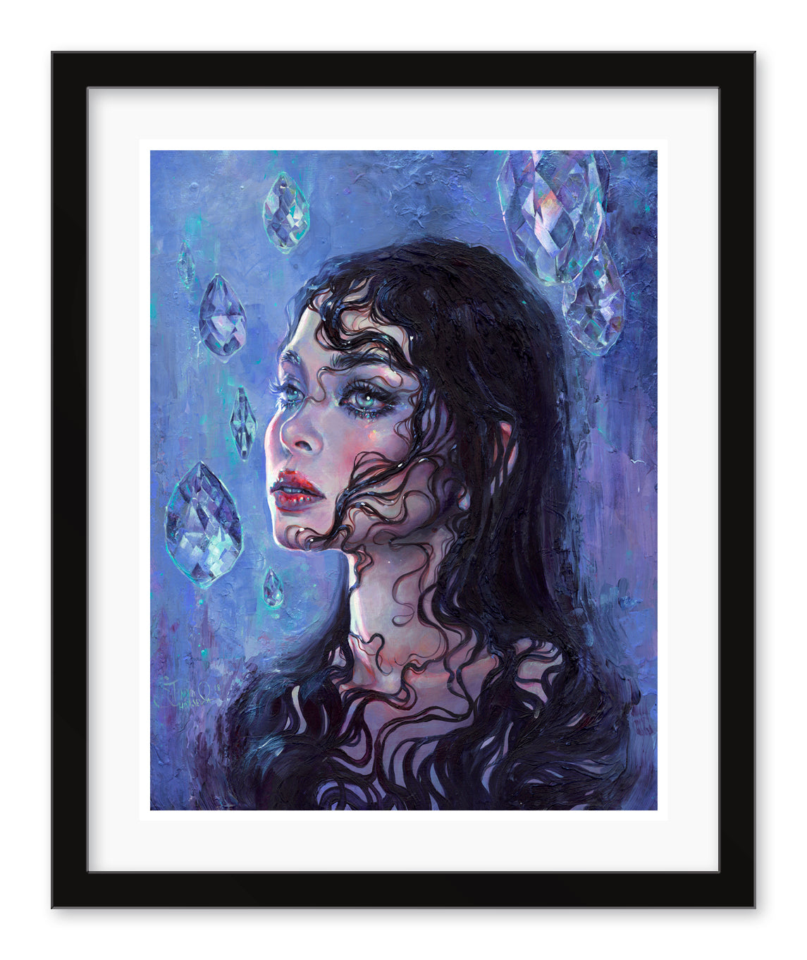 Phantom Rain by Tanya Shatseva features a woman with long dark hair forming intricate patterns on her face against a textured blue backdrop. Her gaze is upward, enveloped by shimmering diamonds that add a dreamlike quality. Its an archival pigment print signed, numbered, and framed in black.