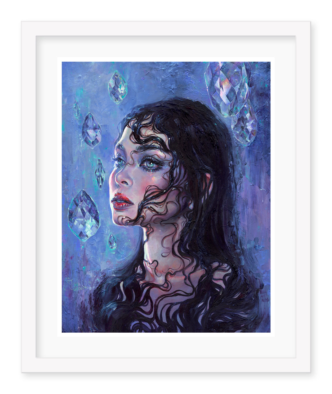 Tanya Shatsevas Phantom Rain features a dark-haired woman gazing upward amidst crystal-like shapes. Her hair merges with an abstract blue and purple background, creating an ethereal scene. This archival pigment print is signed, numbered, and elegantly framed in white.