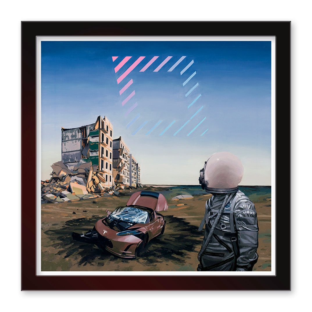 A person in a spacesuit stands beside a damaged Tesla and a dilapidated building in a desolate landscape. Above floats a geometric shape with blue and pink stripes, evoking Scott Listfields style. The image, like an archival pigment print, is framed with a dark border.