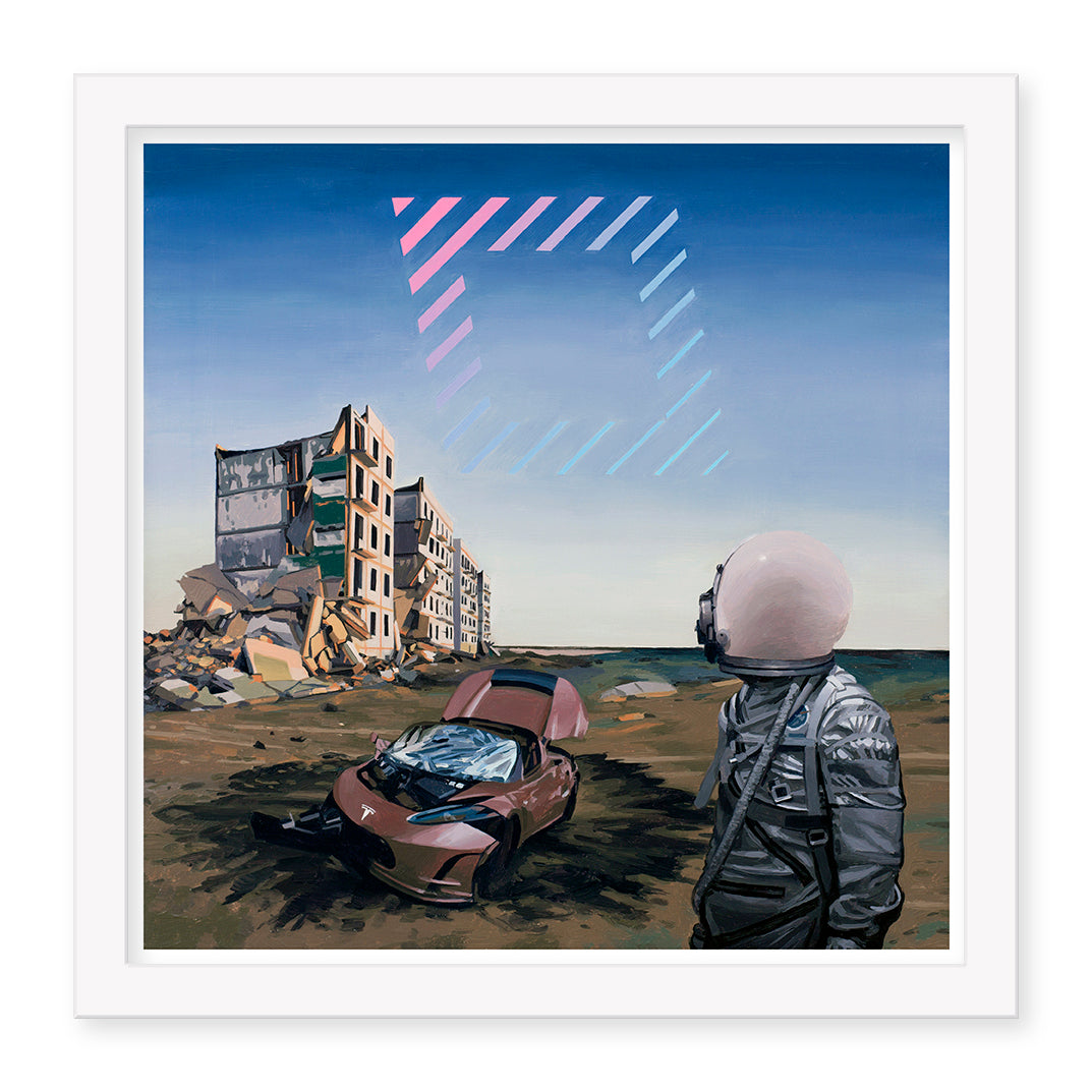 In Scott Listfields Tesla, a person in a spacesuit gazes at a deserted landscape with a ruined building and damaged car beneath a sky of glowing geometric pink and blue patterns, creating the surreal tranquility of an archival pigment print.