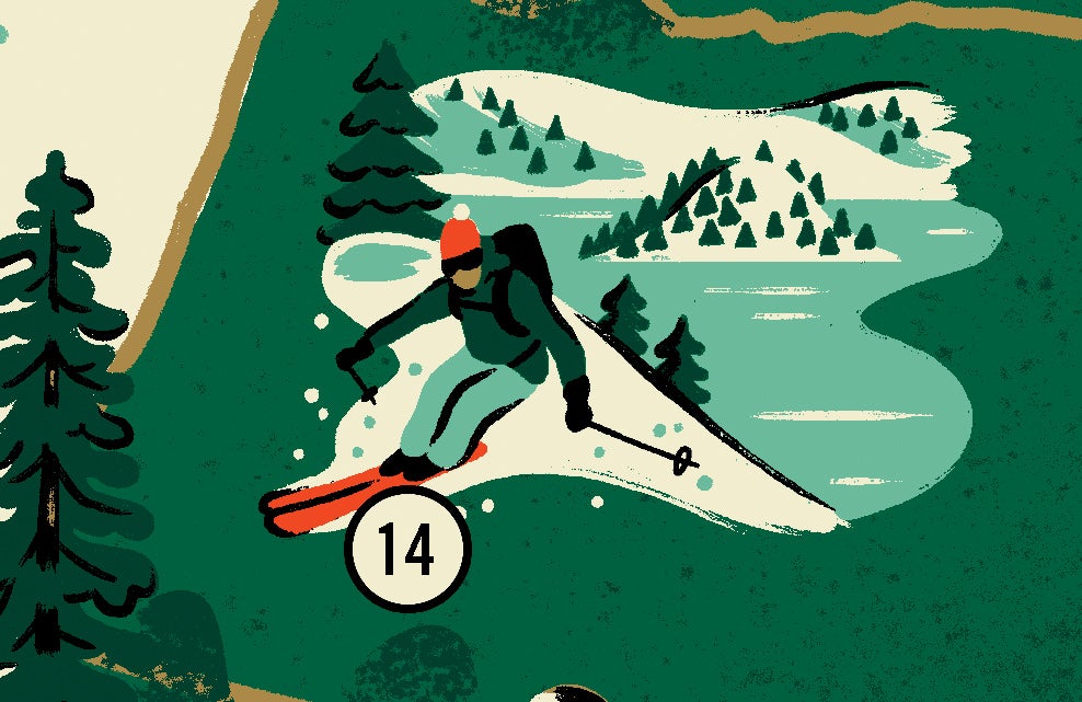 The U.S. National Parks Map (Variant) by Fifty-Nine Parks Prints Series showcases a skier in a red hat skillfully skiing downhill with poles and backpack, zipping past pine trees and snowy hills accented by the number 14 circle in the snow.