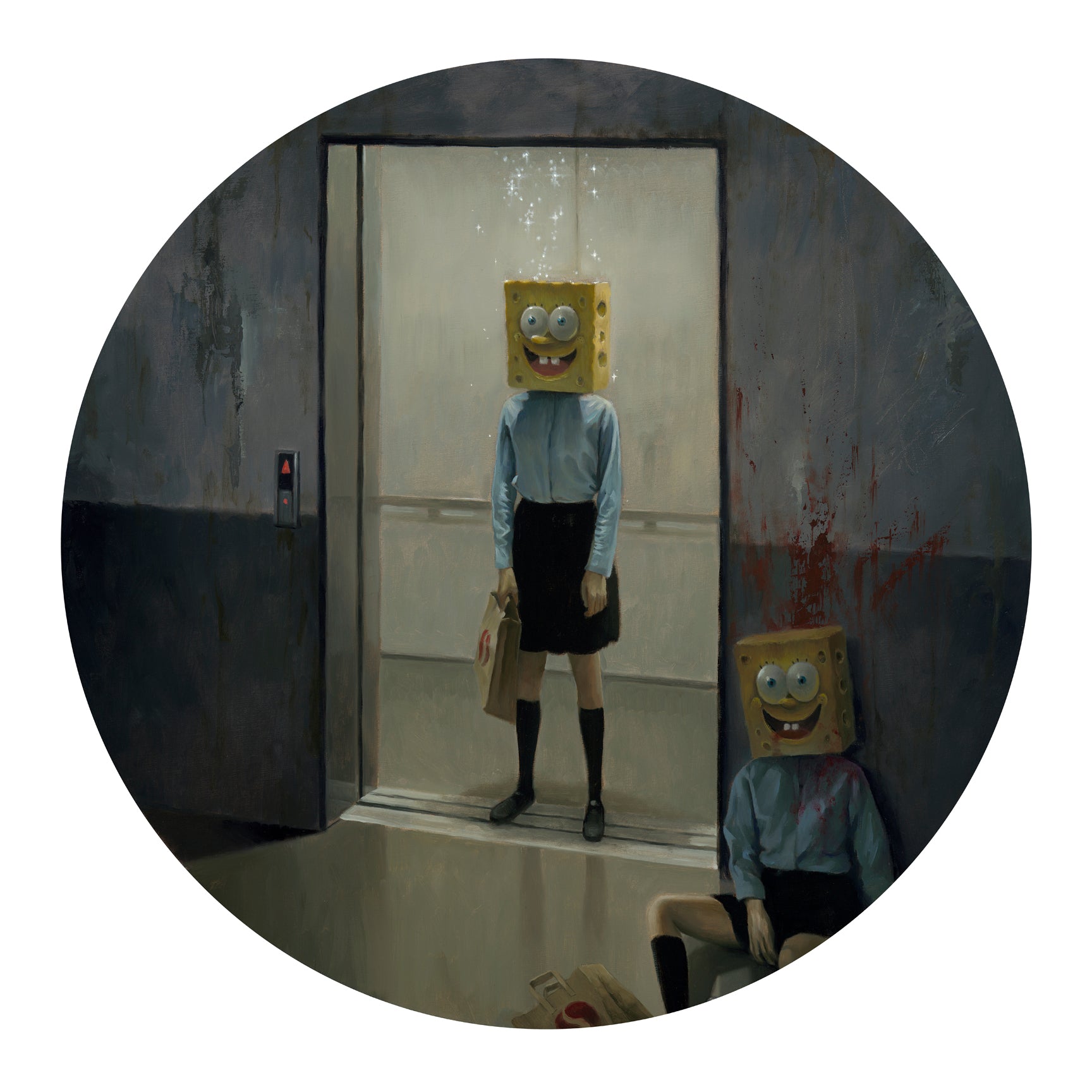 Time Traveler, a surreal painting by Leegan Koo, depicts two figures with SpongeBob SquarePants heads. One stands in an open elevator holding a bag, and the other sits outside near mysterious blood marks. Dressed in shirts, shorts, and socks, its available as a limited edition archival pigment print.