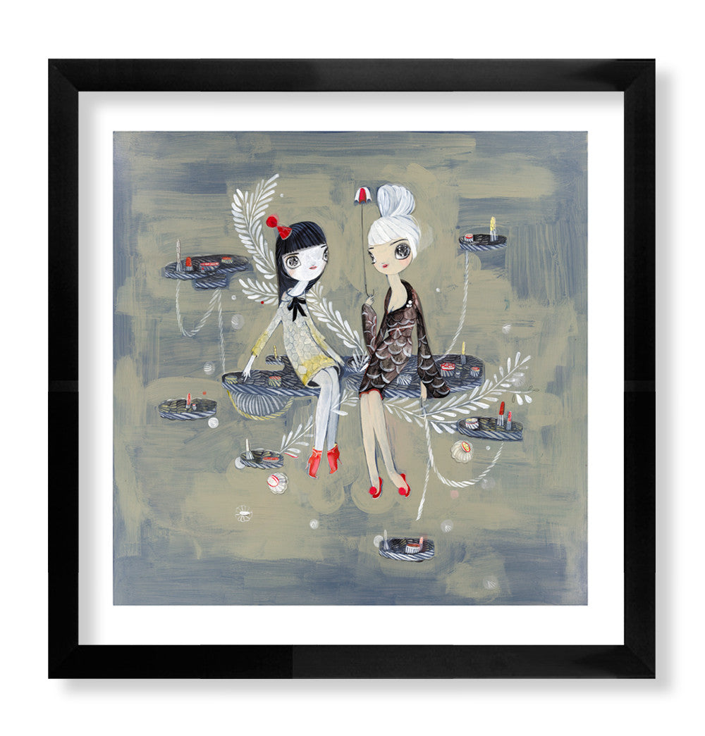 Cloud Chat by Kelly Tunstall features stylized figures with large eyes on branches, adorned in colorful outfits. They are surrounded by small floating islands with plants and objects, set against a muted grayish-blue backdrop. This limited edition fine art print comes elegantly framed in black.