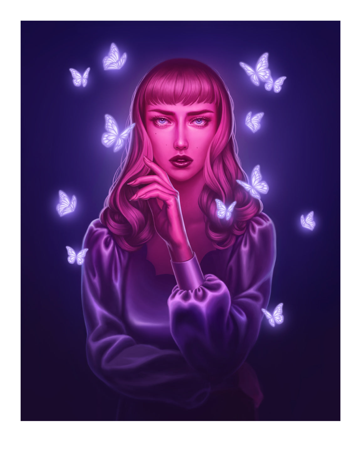 A woman with pink hair is bathed in neon purple light, reminiscent of Allison Reimolds The Ultraviolet Gardener series. Glowing butterflies surround her against a dark background, creating a dreamy and mystical atmosphere akin to an archival pigment print.