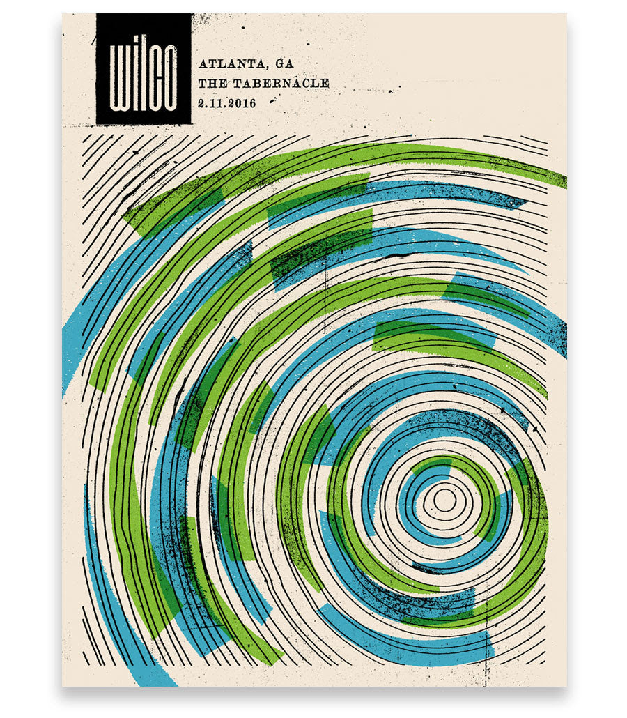 Limited edition screenprint concert poster by THE WRKWEEK, featuring abstract blue and green circular patterns. Text reads Wilco, Atlanta, GA, The Tabernacle, 2.11.2016 at the top left. Signed by the artist.