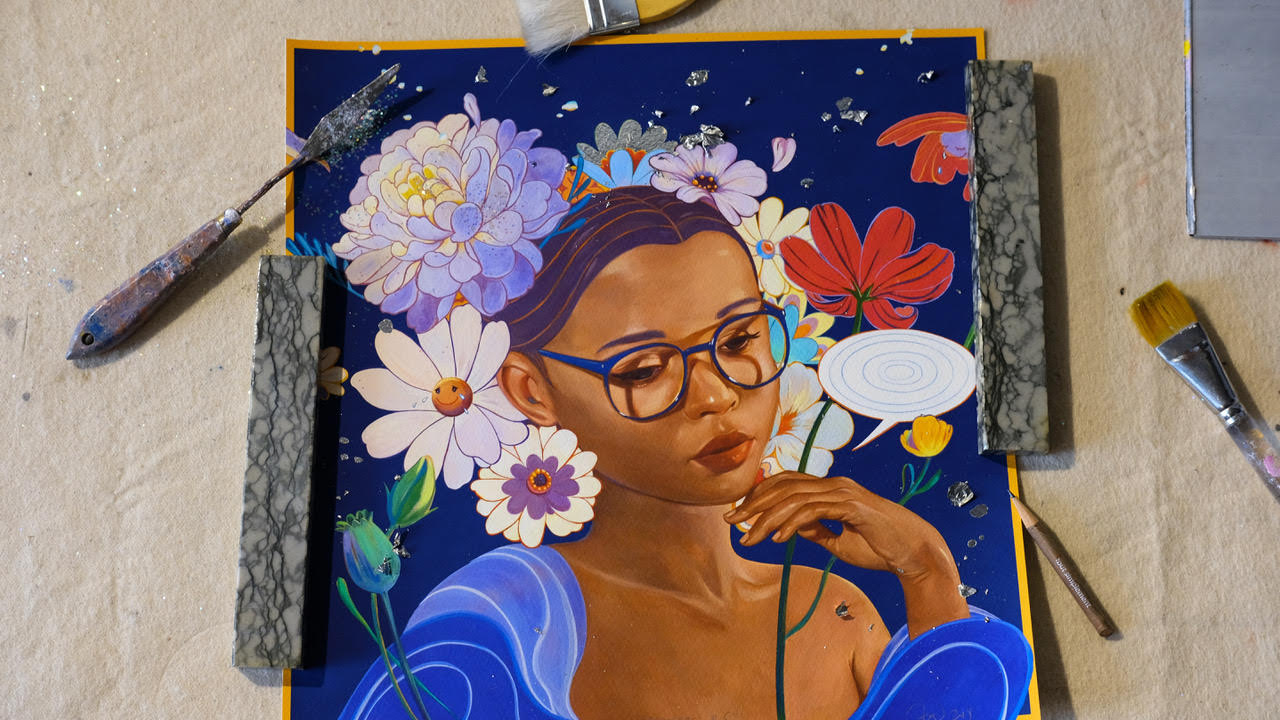Sweetness No. 5 by Helice Wen features a person with glasses, colorful flowers on a blue background, and is hand embellished using paintbrushes and a palette knife for texture on the beige surface, emulating the artistry of an archival pigment print.