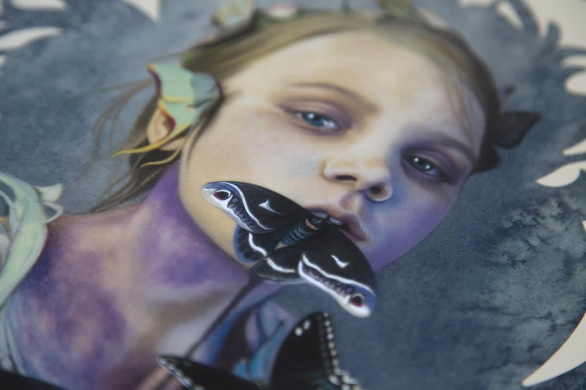 Words Unspoken by Redd Walitzki features a young girl with a black butterfly near her face against a muted backdrop, capturing an ethereal and dreamy essence similar to paper butterfly sculptures.
