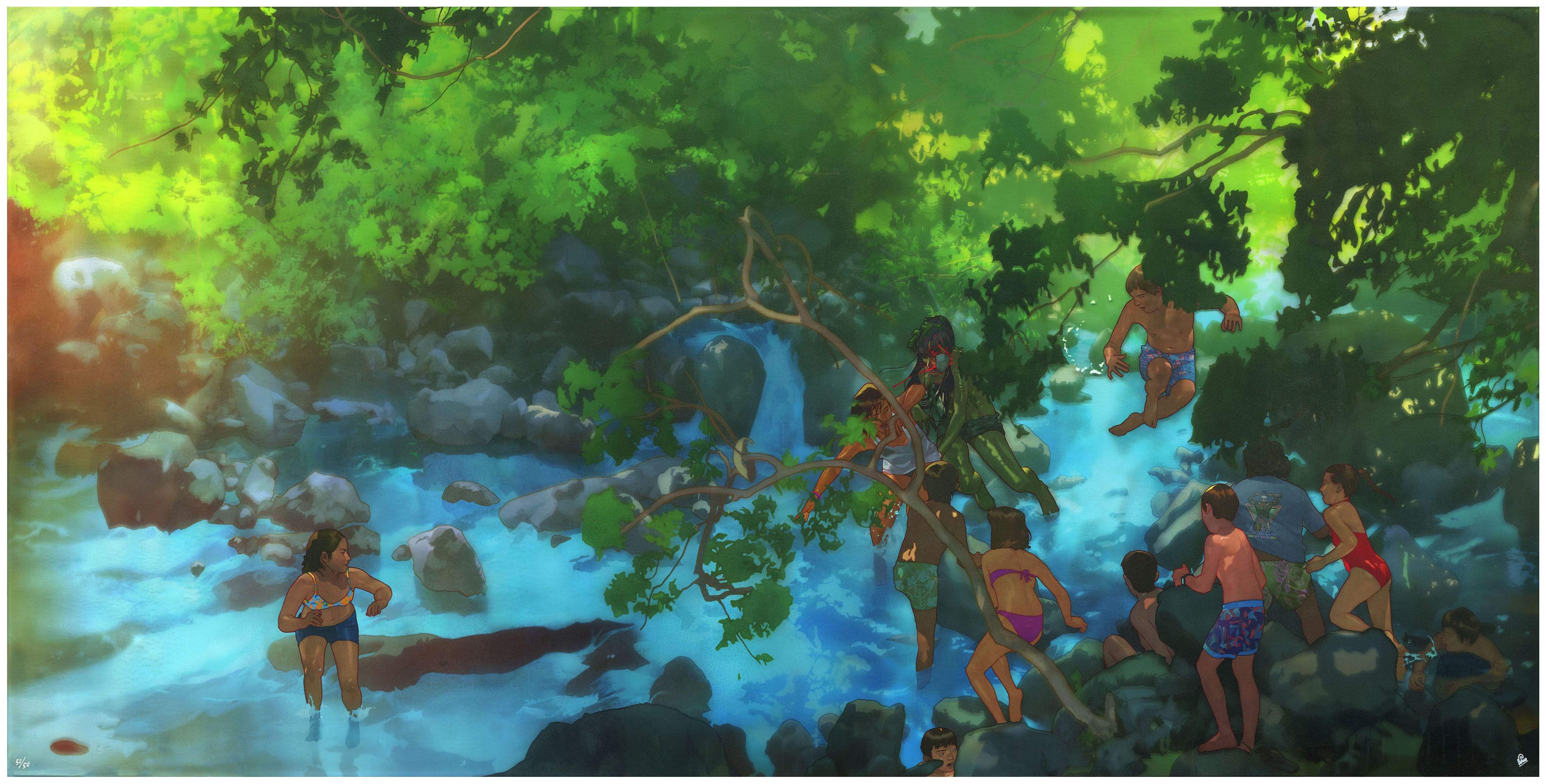 In You Have the Rest of Your Life to Figure Out the Consequences... by Edwin Ushiro, a vivid scene unfolds with people relishing a river day. Children and adults swim in clear waters amidst lush trees, sunlight creating dappled patterns—beautifully captured as an Archival Pigment Print.