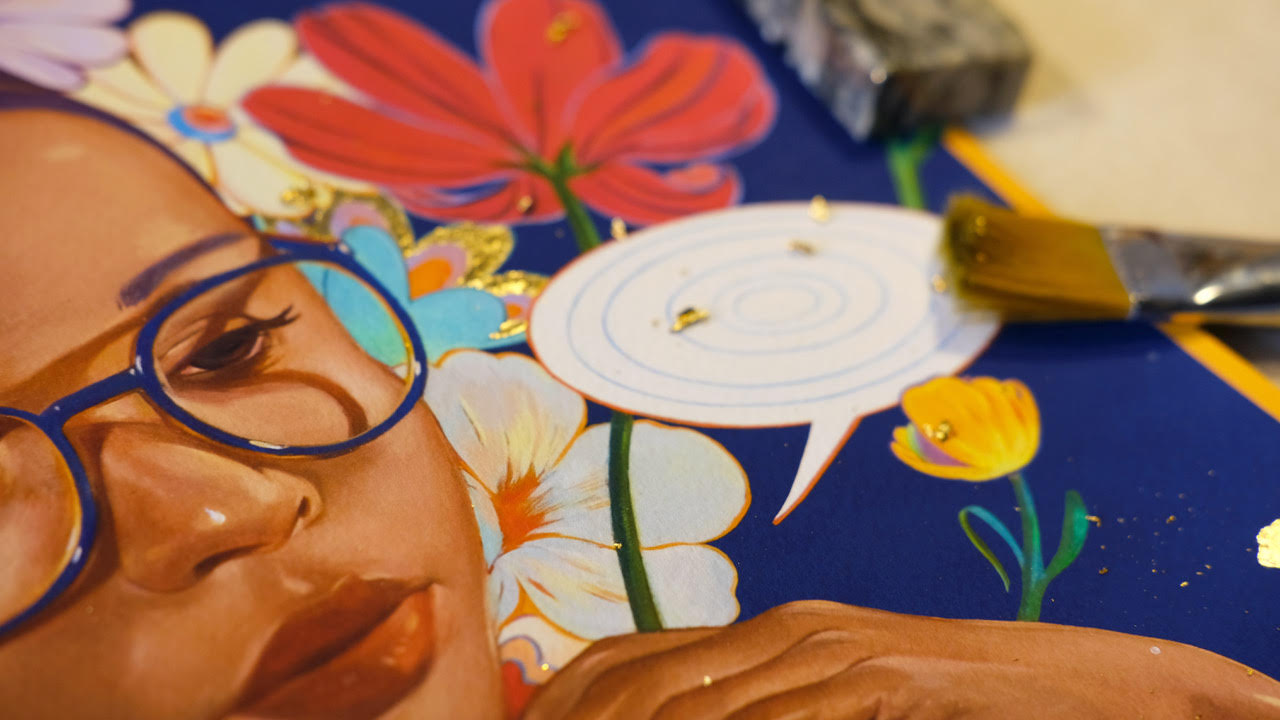 Sweetness No. 5 by Helice Wen is a vibrant, hand-embellished archival pigment print featuring a person with large glasses amid colorful flowers and speech bubbles on a blue background, complemented by a paintbrush and small gold pieces.