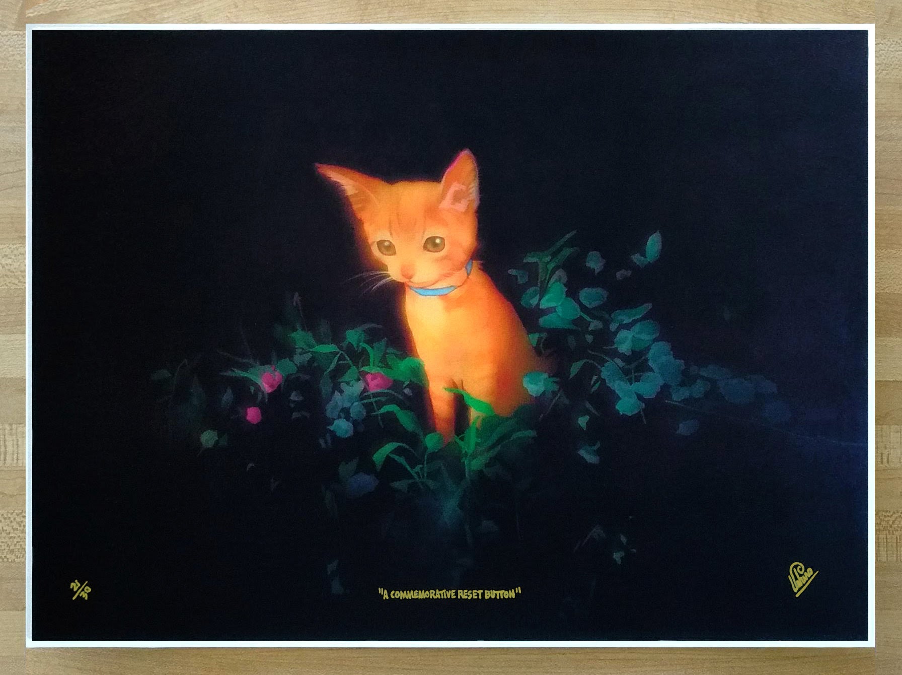 A bright orange kitten with a blue collar sits among green plants in a shadowy setting. Below, text reads A Commemorative Reset Button—an archival pigment print by Edwin Ushiro.
