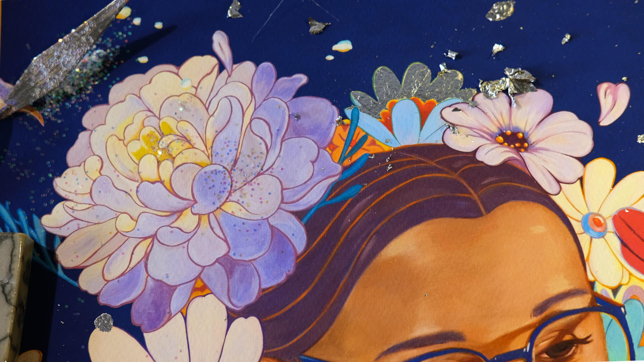The artwork Sweetness No. 5 by Helice Wen features a vibrant depiction of a head with glasses, surrounded by large flowers in purple, pink, and yellow hues. This archival pigment print is hand embellished with silver flakes and dots on a deep blue background.