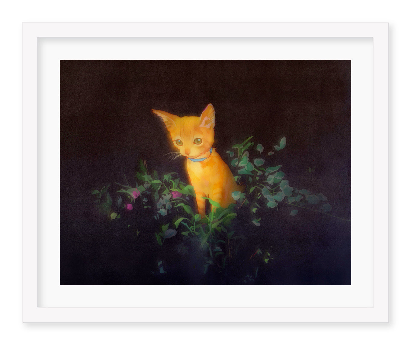 A Commemorative Reset Button" by Edwin Ushiro: An archival pigment print in a white frame, depicting an orange cat with a blue collar among green leaves on a dark background, softly lit for a warm effect.