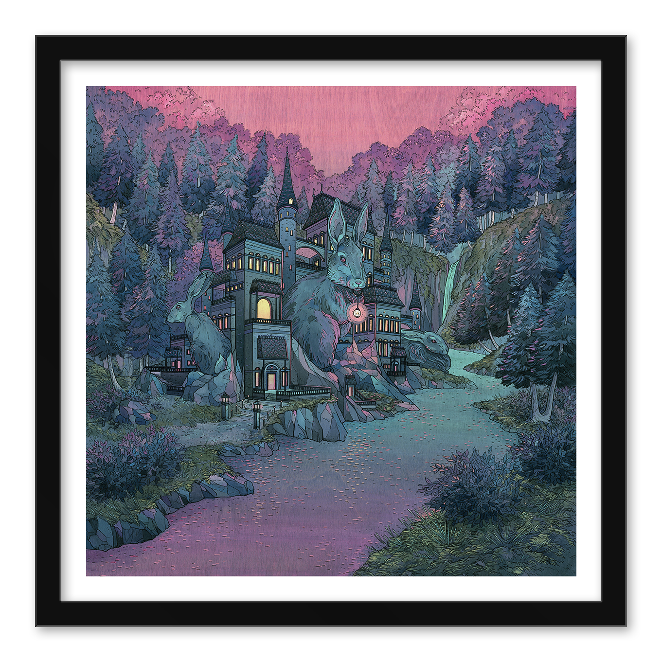Warren" by Nicole Gustafsson is an archival pigment print depicting a whimsical mansion with large rabbit statues, nestled in a dense pine forest under a pink and purple sky, with a glowing path leading to the door.