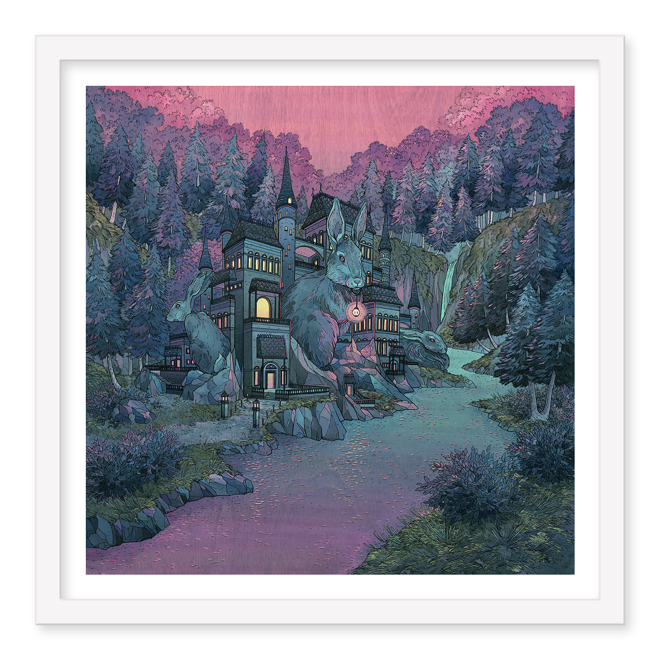 Warren" by Nicole Gustafsson depicts a grand, gothic mansion in a forest, guarded by stone rabbit statues and awash in dreamy purples and pinks. This limited edition print features intricate trees and rocky paths.