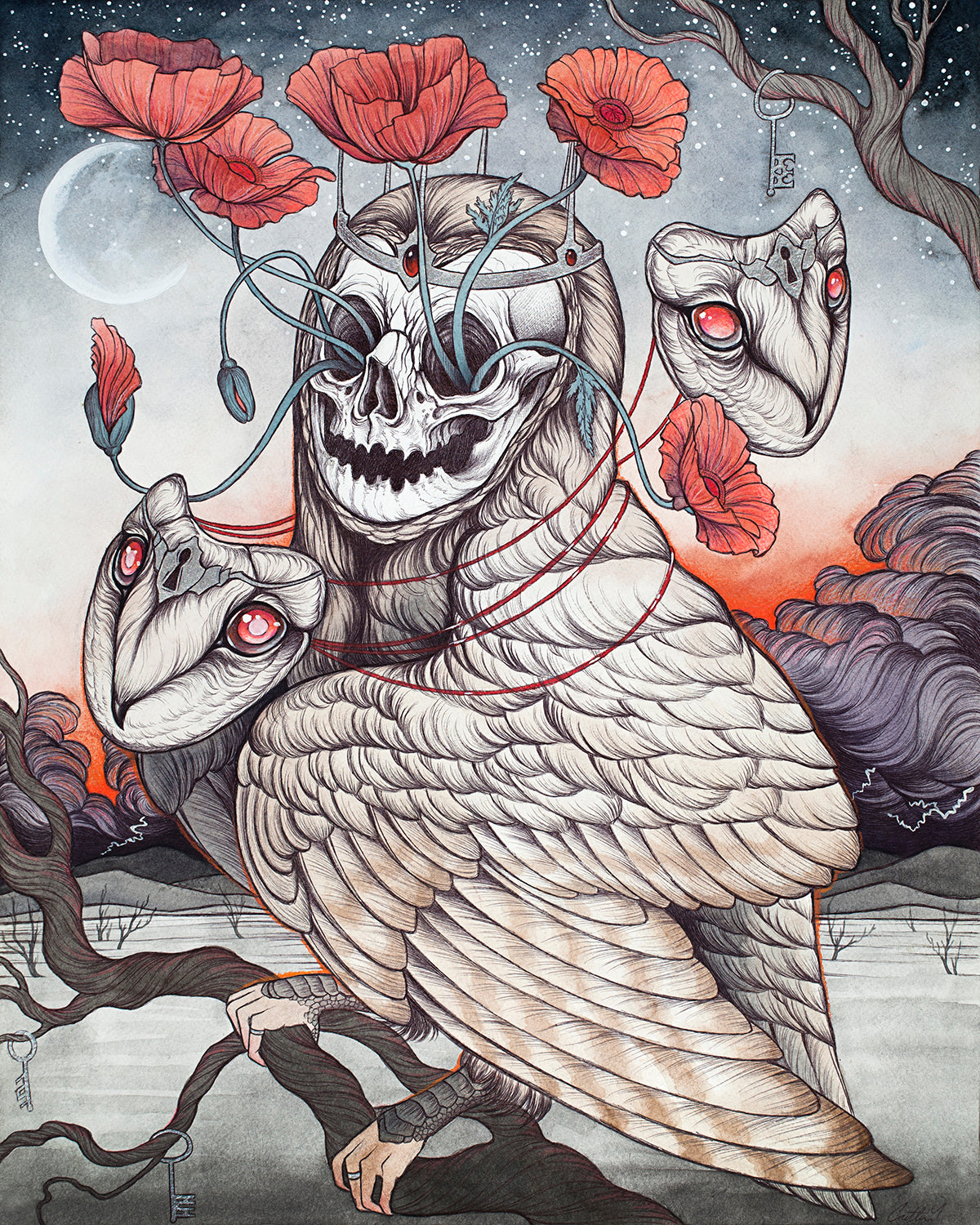 The Last Masquerade by Caitlin Hackett is a surreal archival pigment print featuring a skeletal owl with flowers in its eye sockets, detailed wings, two floating heads, and complemented by a starry sky, crescent moon, and dreamlike scenery.