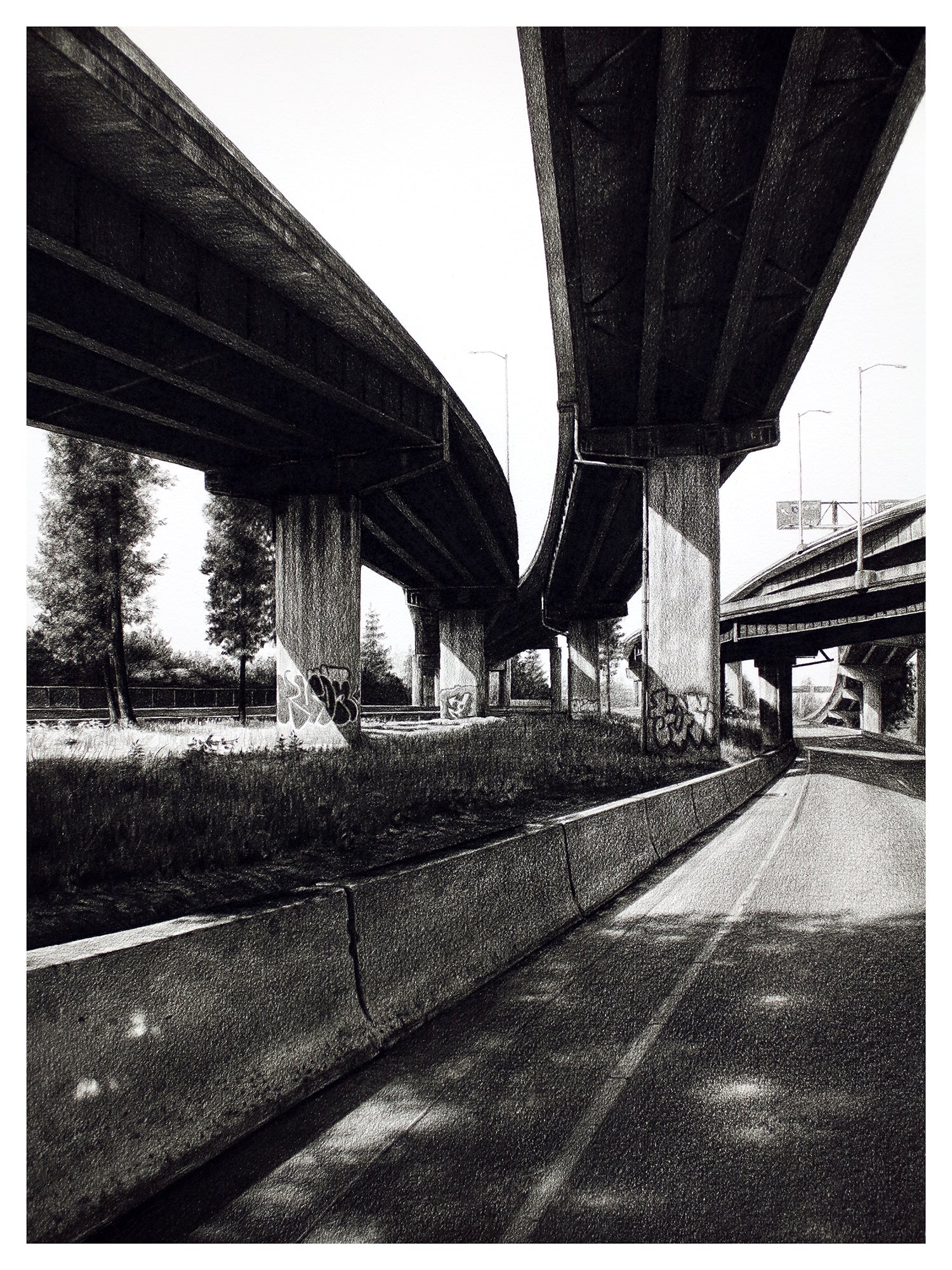 5 North by Stephanie Buer is a signed and numbered archival pigment print depicting intersecting overpasses with graffiti on the pillars, creating dynamic patterns of roads and shadows, with trees and grass lining the sides.
