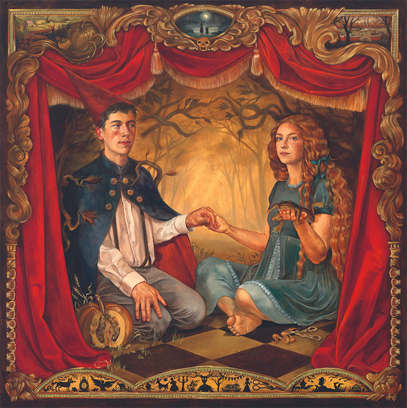 A young man and woman hold hands on a checkerboard floor, framed by red curtains in a forest. The man wears a blue cape, and the woman has long red hair. This medieval-style Portrait of the Unknown by Ruth Speer masterfully captures their enigmatic essence.