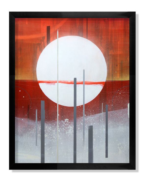 The What Shall Be Shall Be by Erik Otto is an abstract artwork with a white sun-like circle on a vibrant red-orange background, featuring thin black lines and textured white-gray at the bottom. It is available as a hand-embellished fine art giclee print in a black frame.