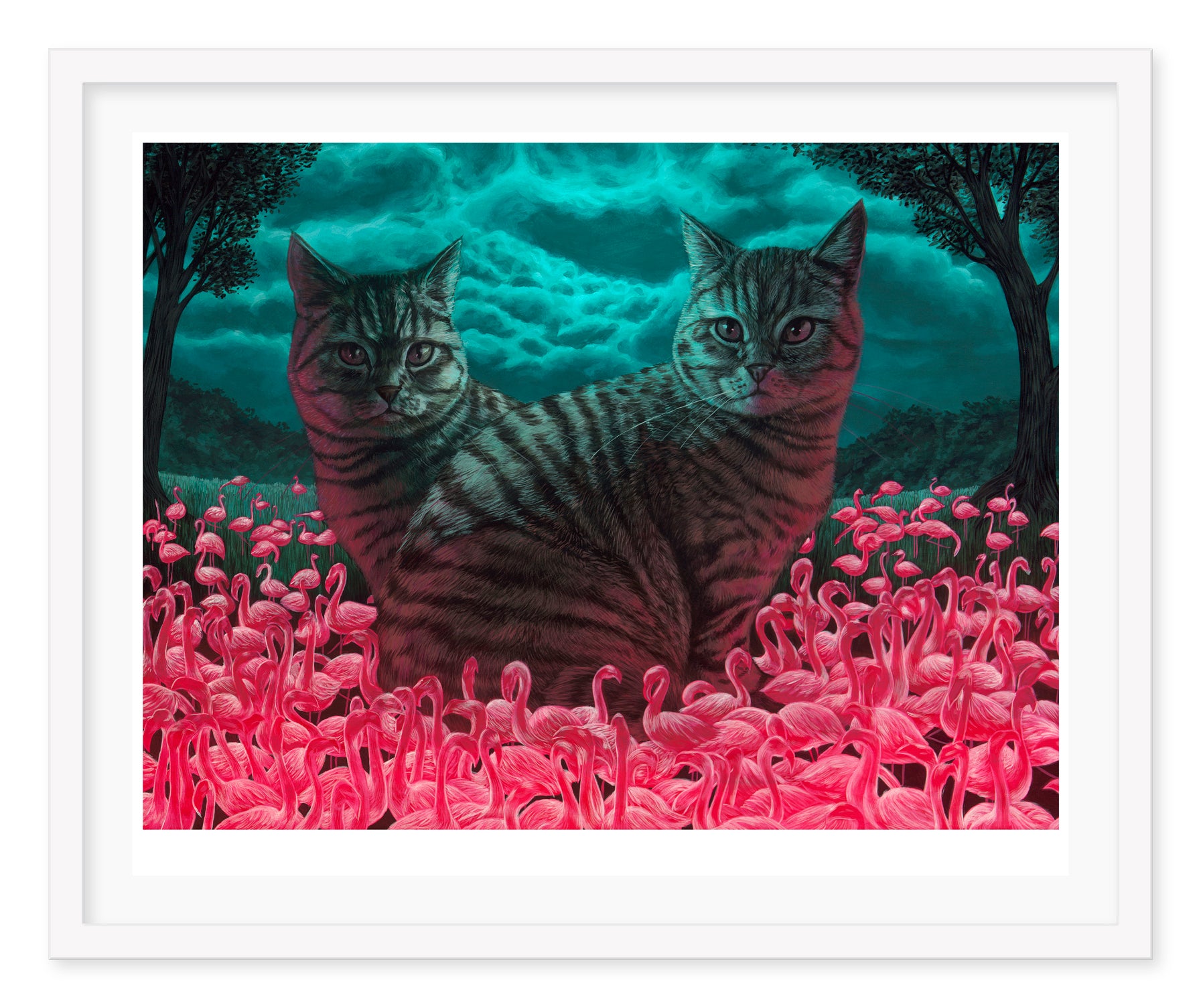 Catbird Seat by Casey Weldon features tabby cats back-to-back in pink flamingos, under dark trees and a dramatic turquoise sky, creating a surreal atmosphere in this archival pigment print.