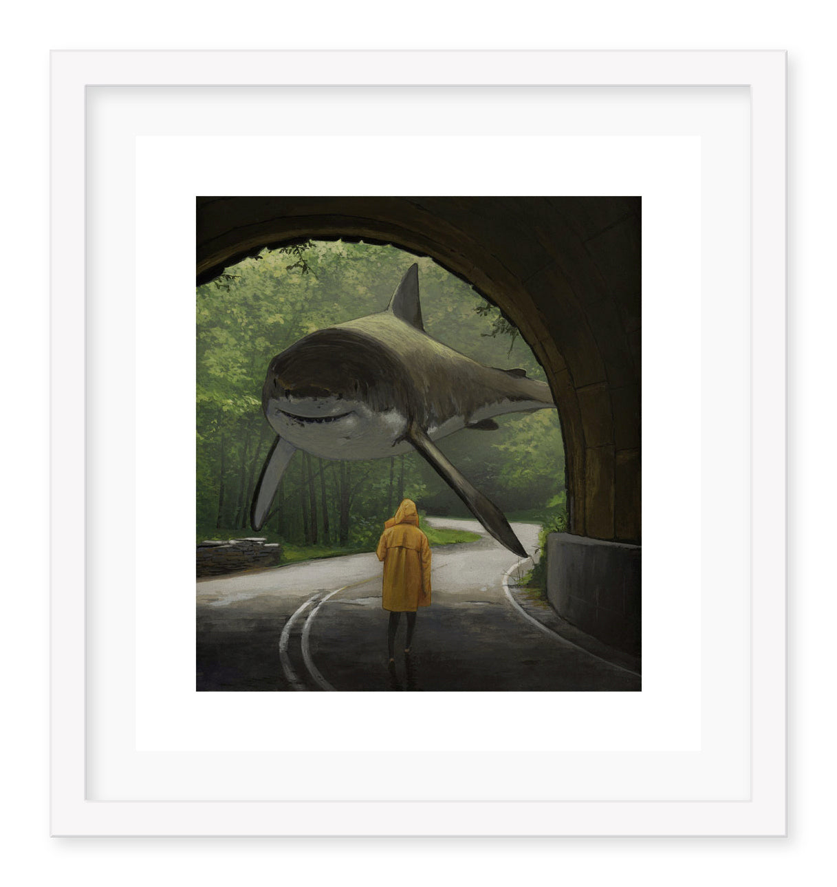 In Chris Austins Light Even in the Darkest of Places, a person in a yellow raincoat strolls through a forest tunnel while a large shark seems to swim above, creating an ethereal scene. The lush green backdrop adds depth to this archival pigment print, which is signed and numbered.