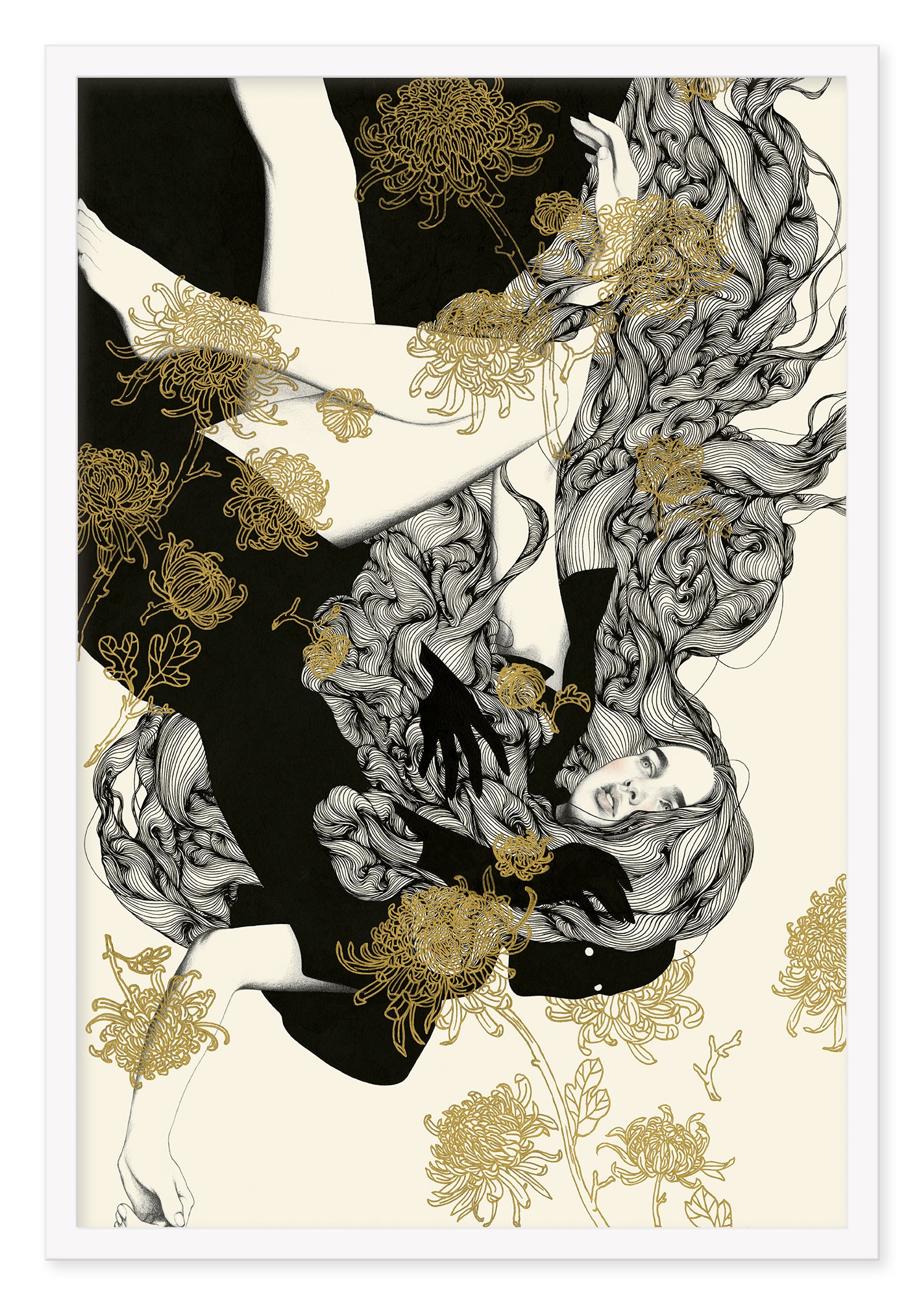 The Yellow Passerby & I by Tran Nguyen is a limited edition screenprint, signed by the artist, showcasing abstract intertwined figures with flowing hair and gold flowers. It conveys harmony and movement against a dark backdrop.