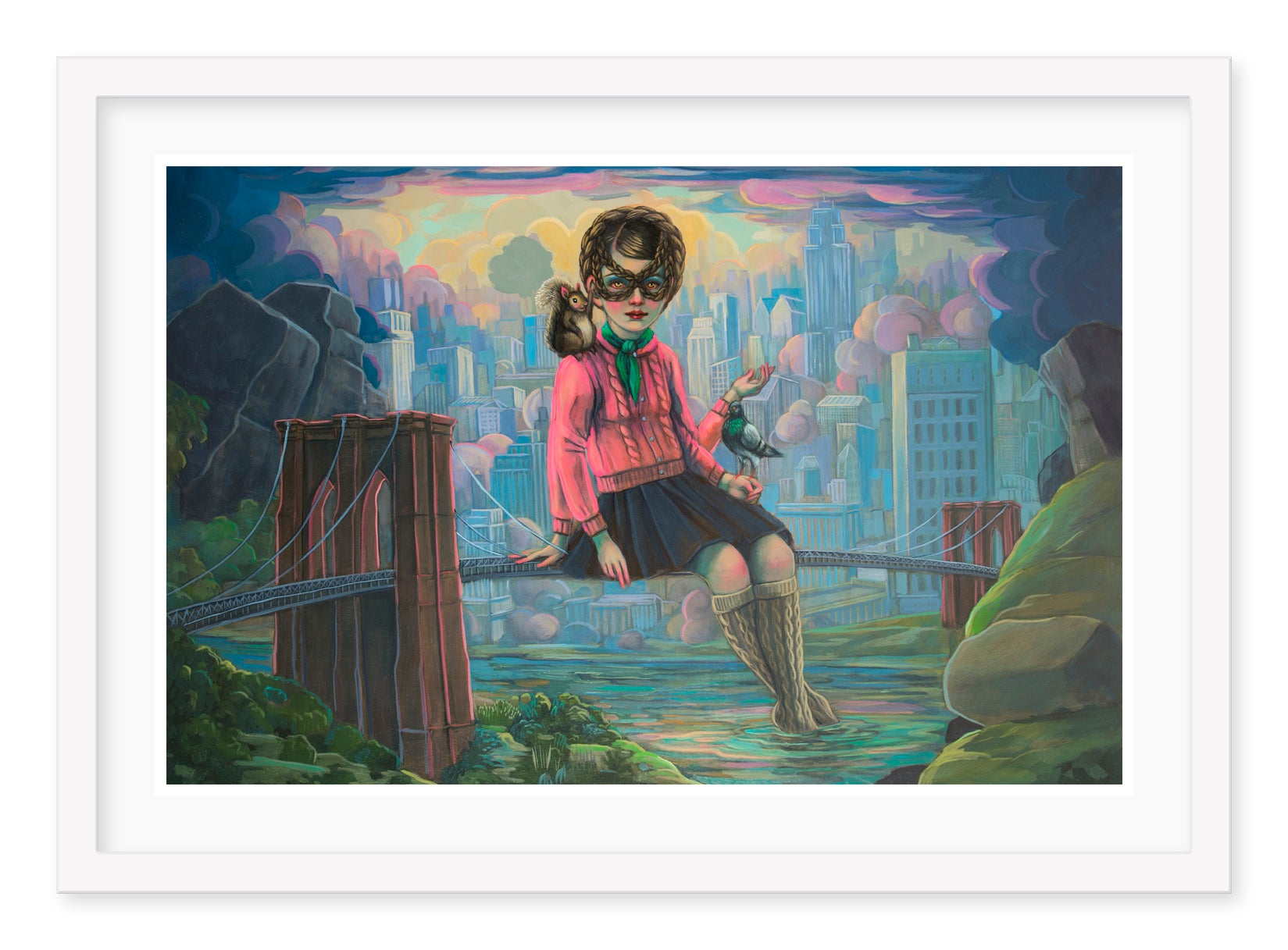 Lori Nelsons surreal painting, Bigger Than This Town, features a giant masked girl in pink atop a bridge, holding a bag. Her long boots dangle above the vibrant cityscape and river. This dreamlike scene is available as a signed and numbered archival pigment print for collectors.