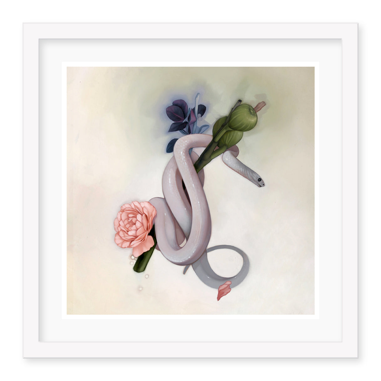 Snake Fruit by Kelsey Beckett features a winding pale snake fruit intertwined with green stems, leaves, a pink flower, and a fish against a soft background in an archival pigment print.