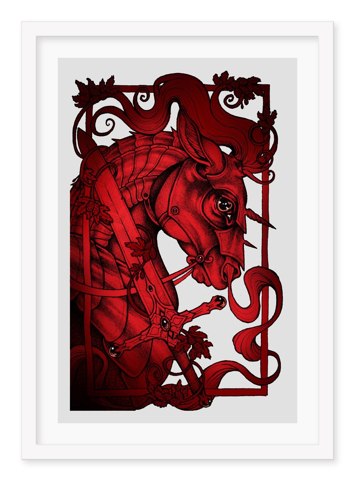 The Red Horse of War" by Caitlin Hackett features a vivid unicorn with flowing mane and ornate armor, entwined with ribbons and leaves, within a decorative border—offered as an archival pigment print.